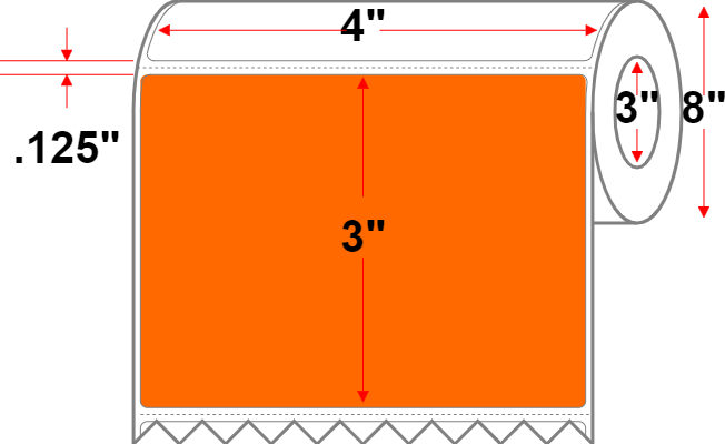 4 X 3 Premium Paper Direct Thermal Label - Perforated - Orange 1505 - 8" Roll - Permanent