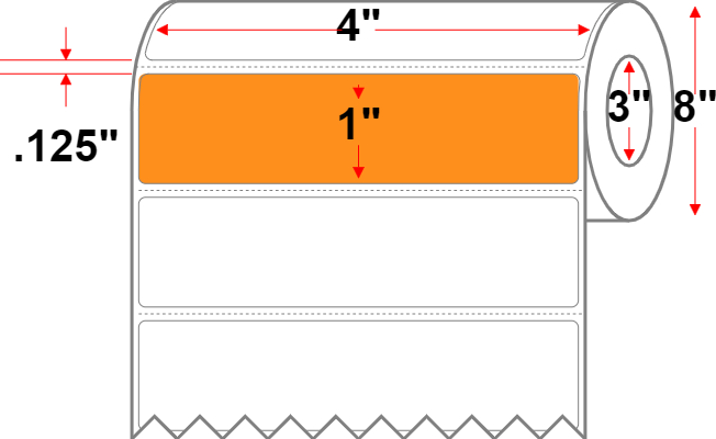 4 X 1 Premium Paper Thermal Transfer Label - Perforated - Orange 1495 - 8" Roll - Permanent