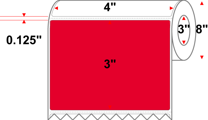 4 X 3 Premium Paper Direct Thermal Label - Perforated - PMS 185 Red 185 - 8" Roll - Permanent