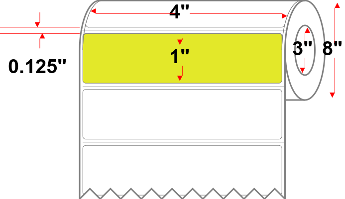 4 X 1 Premium Paper Thermal Transfer Label - Perforated - Fluorescent Chartreuse 809 - 8" Roll - Permanent