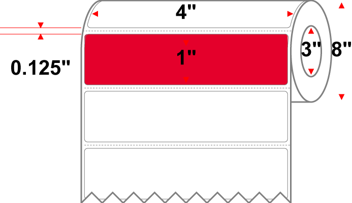 4 X 1 Premium Paper Direct Thermal Label - Perforated - PMS 185 Red 185 - 8" Roll - Permanent
