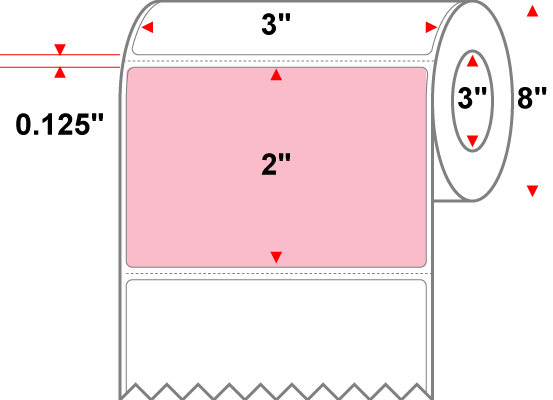 3 X 2 Premium Paper Direct Thermal Label - Perforated - PMS 182 Pink 182 - 8" Roll - Permanent