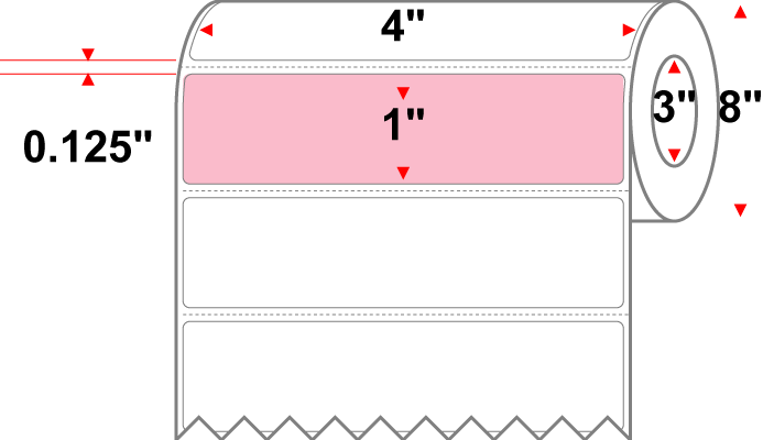 4 X 1 Premium Paper Direct Thermal Label - Perforated - PMS 182 Pink 182 - 8" Roll - Permanent