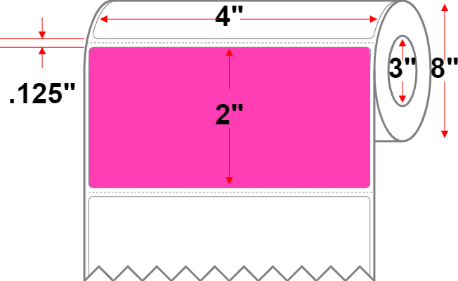 4 X 2 Premium Paper Thermal Transfer Label - Perforated - FL Pink 806 - 8" Roll - Permanent