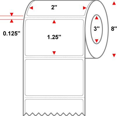 2 X 1.25 Premium Paper Thermal Transfer Label - Perforated - White - 8" Roll - Permanent