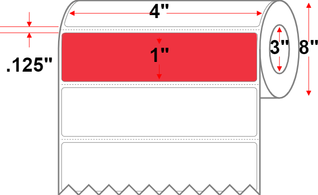 4 X 1 Premium Paper Thermal Transfer Label - Perforated - Red 32 - 8" Roll - Permanent