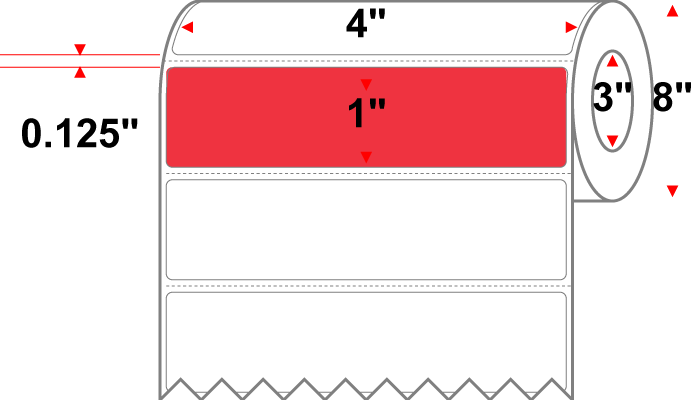 4 X 1 Premium Paper Direct Thermal Label - Perforated - PMS 032 Red 32 - 8" Roll - Permanent