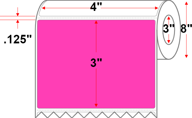 4 X 3 Premium Paper Thermal Transfer Label - Perforated - FL Pink 806 - 8" Roll - Permanent