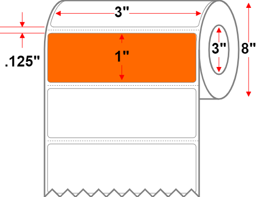 3 X 1 Premium Paper Direct Thermal Label - Perforated - Orange 1505 - 8" Roll - Permanent