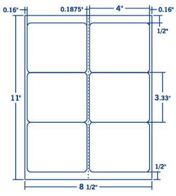 4" X 3.333" Laser/Inkjet Label-6 Per Sheet, 250 Sheets Per Pack, White, Permanent