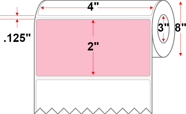 4 X 2 Premium Paper Thermal Transfer Label - Perforated - Pastel Pink 182 - 8" Roll - Permanent