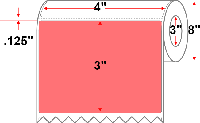 4 X 3 Premium Paper Direct Thermal Label - Perforated - FL Red 805 - 8" Roll - Permanent