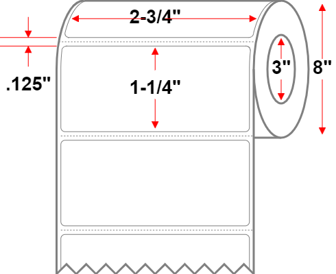 2.75 X 1.25 Premium Paper Thermal Transfer Label - Perforated - White - 8" Roll - Permanent