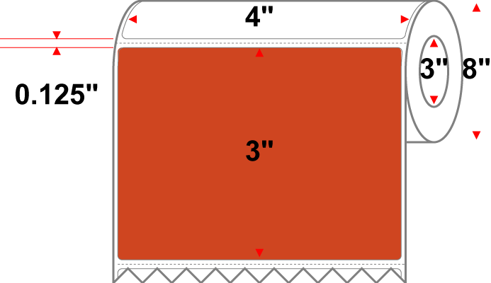 4 X 3 Premium Paper Direct Thermal Label - Perforated - PMS 173 Dark Orange 173 - 8" Roll - Permanent