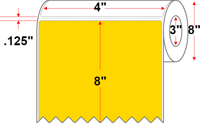 4 X 8 Premium Paper Thermal Transfer Label - Perforated - Yellow Pantone Yellow - 8" Roll - Permanent