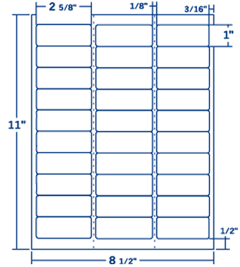 2.625" X 1" Laser/Inkjet Label-30 Per Sheet, 100 Sheets Per Pack, White, Removable