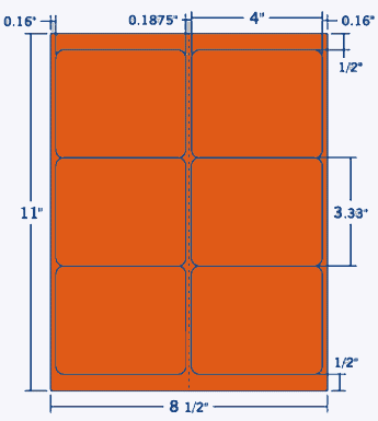 4" X 3.333" Laser/Inkjet Label-6 Per Sheet, 100 Sheets Per Pack, Fluorescent Orange, Permanent