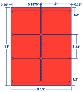 4" X 3.333" Laser/Inkjet Label-6 Per Sheet, 100 Sheets Per Pack, Fluorescent Red, Permanent