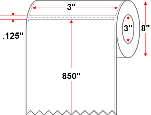 3 X 850 Premium Paper Direct Thermal Label - Perforated - White - 8" Roll - Permanent - Labelmatch