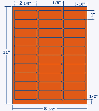 2.625" X 1" Laser/Inkjet Label-30 Per Sheet, 100 Sheets Per Pack, Fluorescent Orange, Permanent - Labelmatch