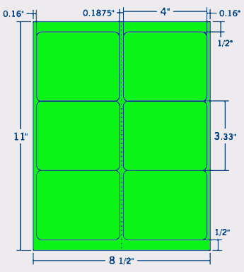 4" X 3.333" Laser/Inkjet Label-6 Per Sheet, 100 Sheets Per Pack, Fluorescent Green, Permanent