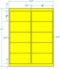 4" X 2" Laser/Inkjet Label-10 Per Sheet, 100 Sheets Per Pack, Fluorescent Yellow, Permanent