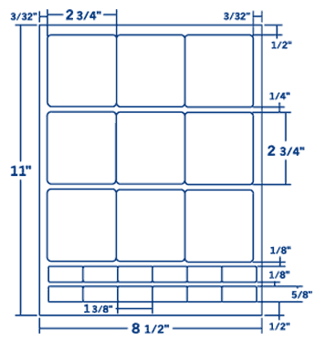 2.75" X 2.75" Laser/Inkjet Label-9 Per Sheet, 250 Sheets Per Pack, White, Permanent