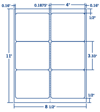 4" X 3.333" Laser/Inkjet Label-6 Per Sheet, 1000 Sheets Per Pack, White, Permanent