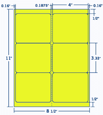 4" X 3.333" Laser/Inkjet Label-6 Per Sheet, 100 Sheets Per Pack, Fluorescent Yellow, Permanent